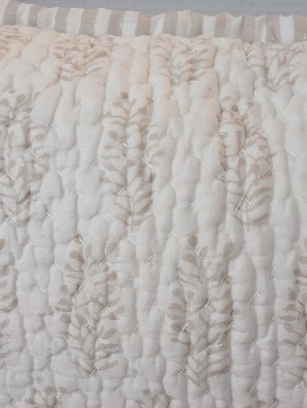 Garnet Hill Cream Tan Quilted Leaf-Embossed Cotton Strip Edge Accent Pillowcover